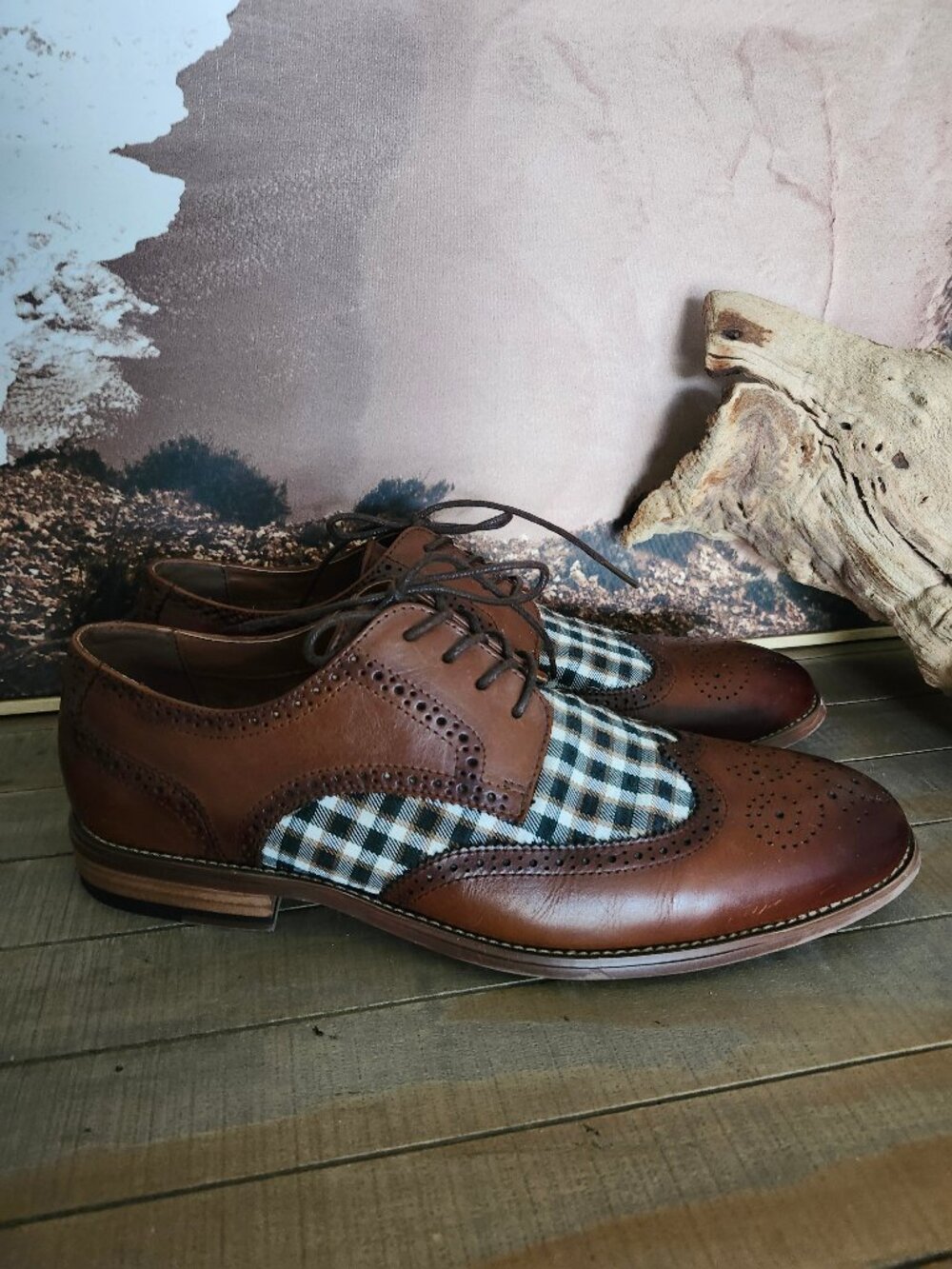 STACY ADAMS Dutton Wingtip Oxford Derby Shoes Brown Plaid Spectator Size 10